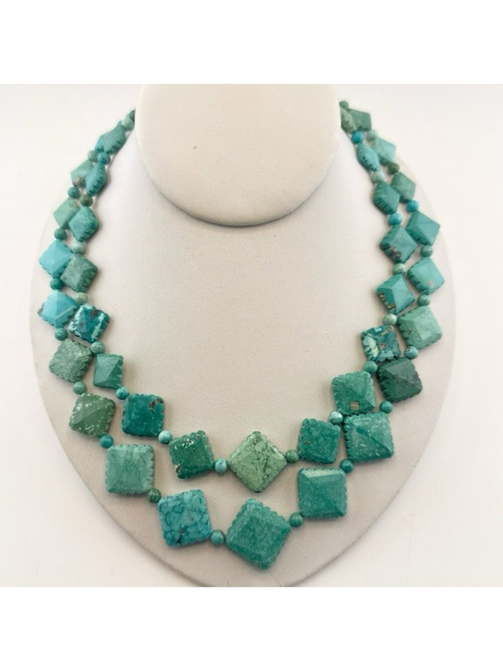 Jay King Necklace Turquoise Blue Carved Double Multi Strand Sterling Silver 925